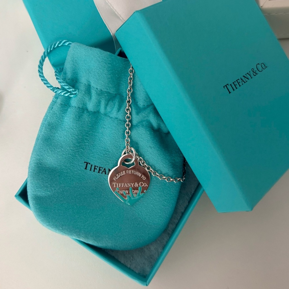 Tiffany&Co. Blue Splash Enamel Heart Pendent Necklace 16 in Thick Chain Silver - Picture 2 of 7